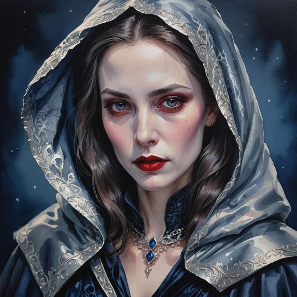 Vampire Lady in Silvery Cloak, Gouache Painting