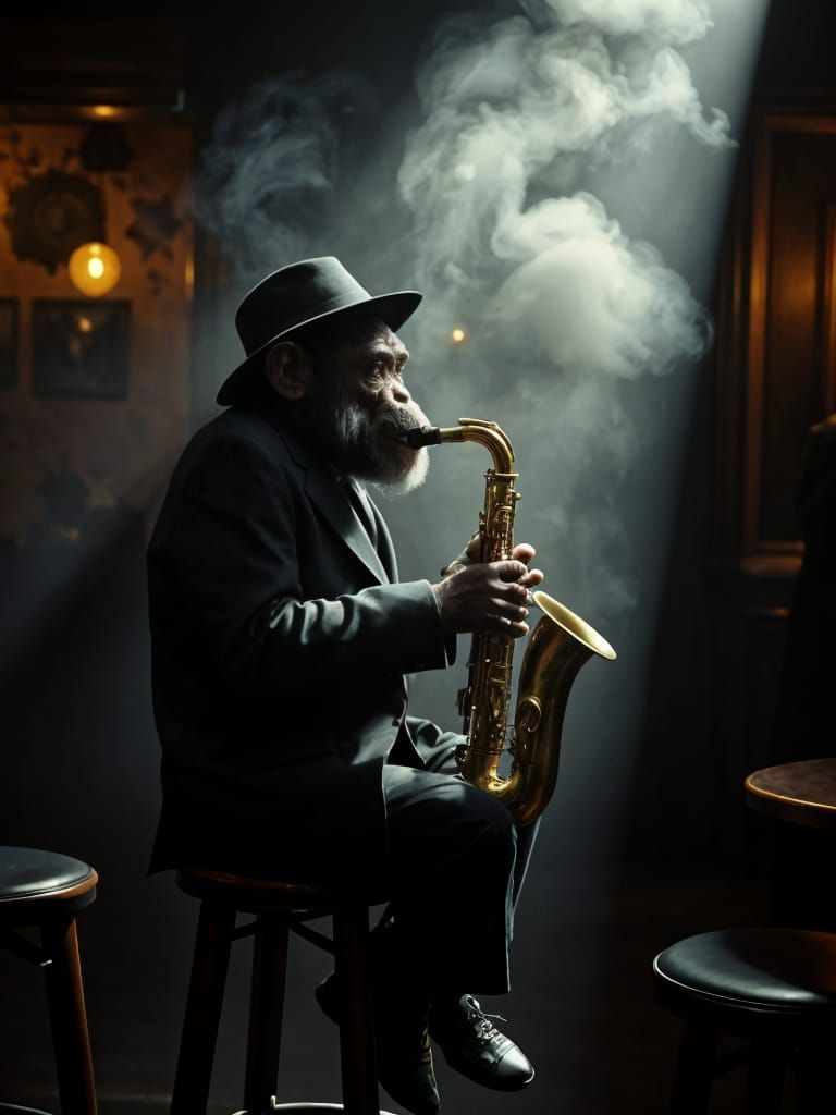 Chimpanzee Saxophonist in a Smoky Jazz Club