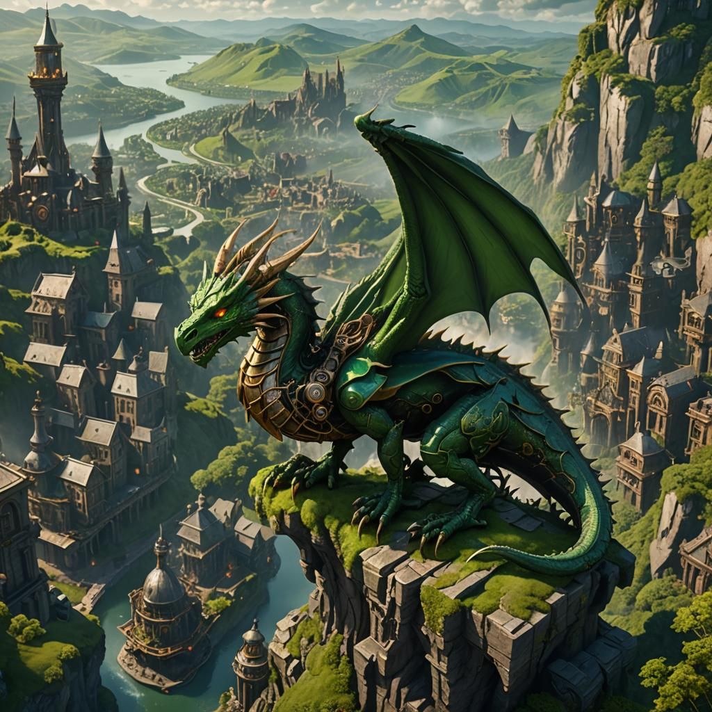 Clockwork Dragon Guarding Steampunk City in Lush Valley