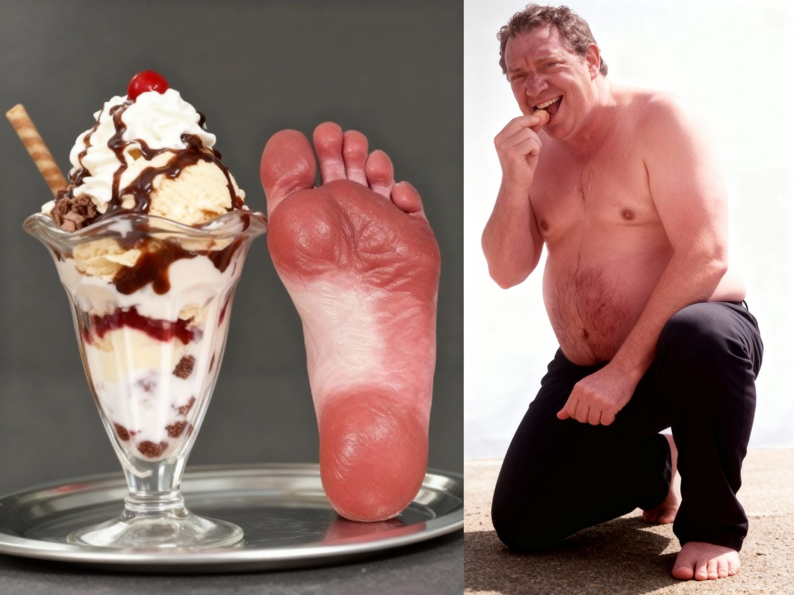 Barefoot Man Propping Soles on Sundae and Biting Toe