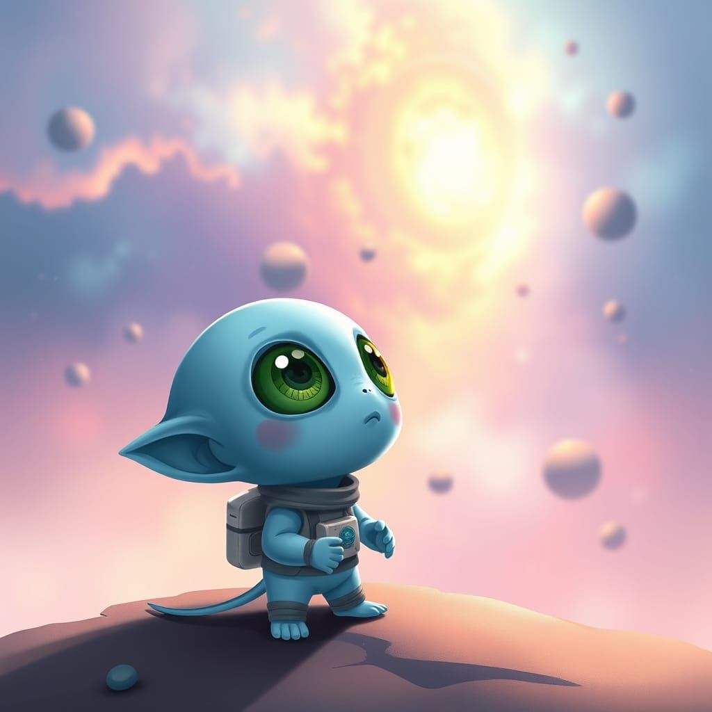 A tiny cute alien with blue skin
