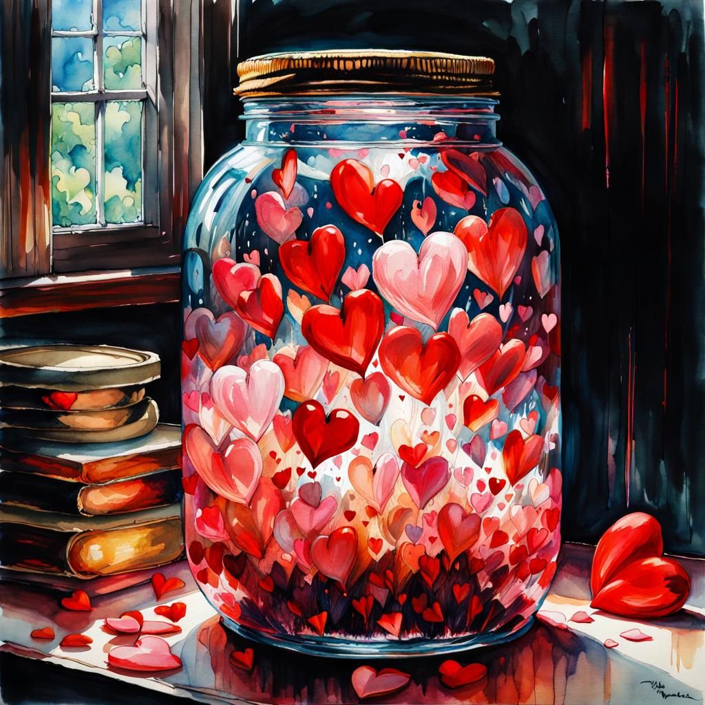 Hyperdetailed Jar of Hearts: Watercolor Art