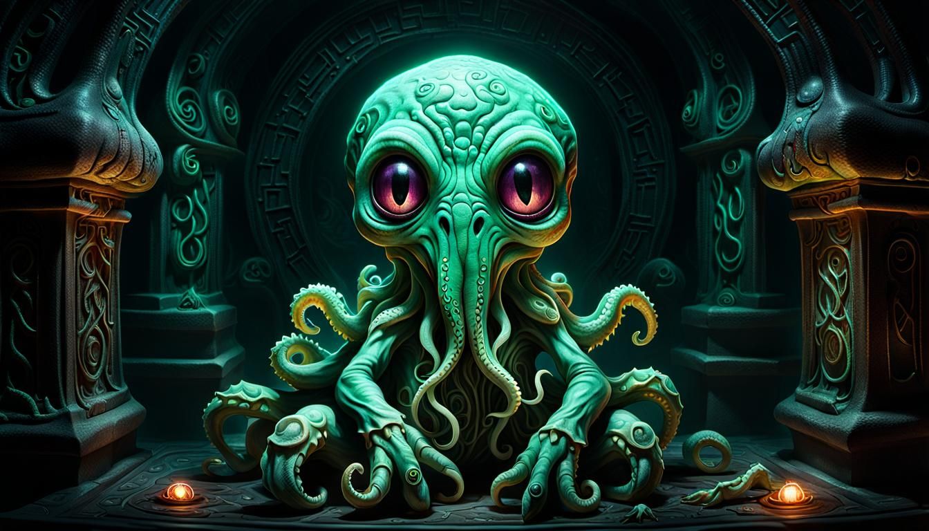 Baby Cthulhu in Mystical Chamber: Digital Art