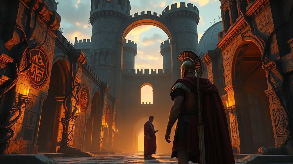 Roman Soldier in Ancient City at Dusk