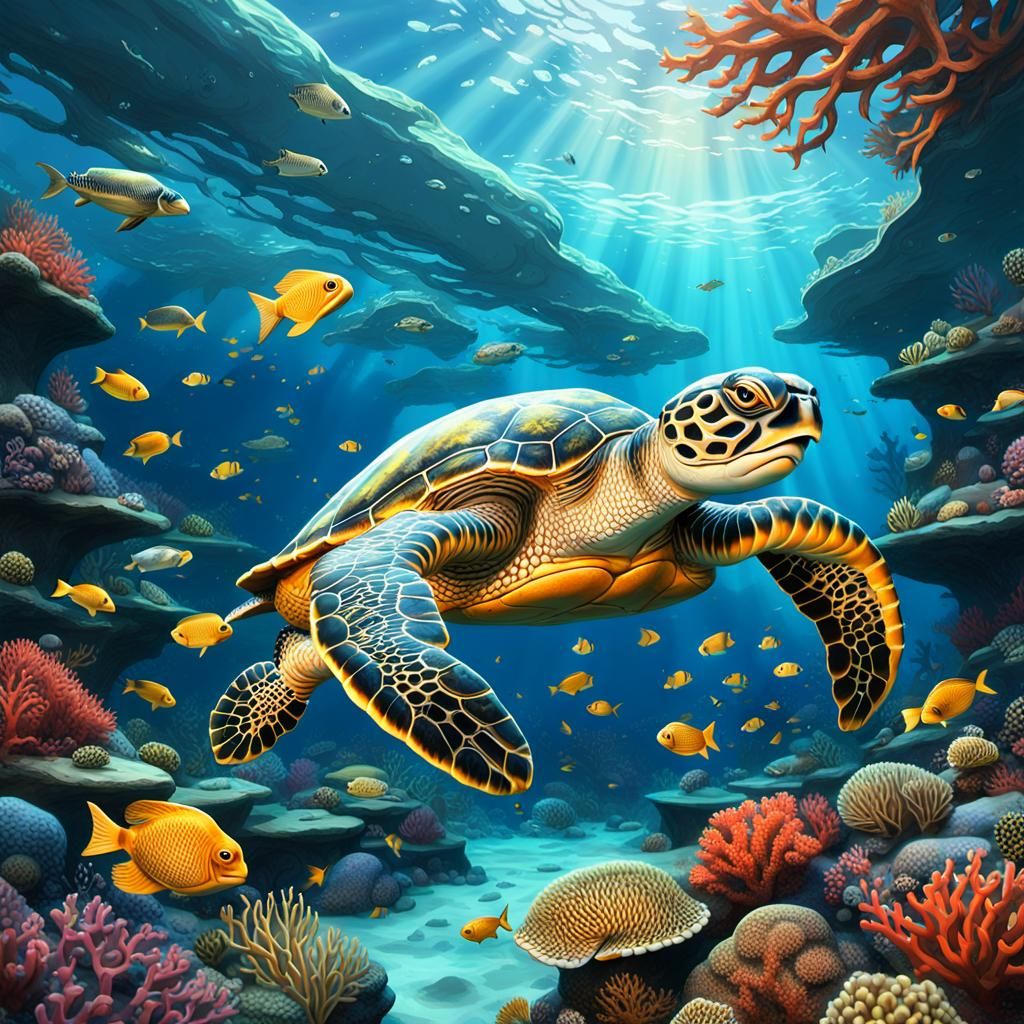Sea Turtle Swims Coral Reef: Fantasy Concept Art