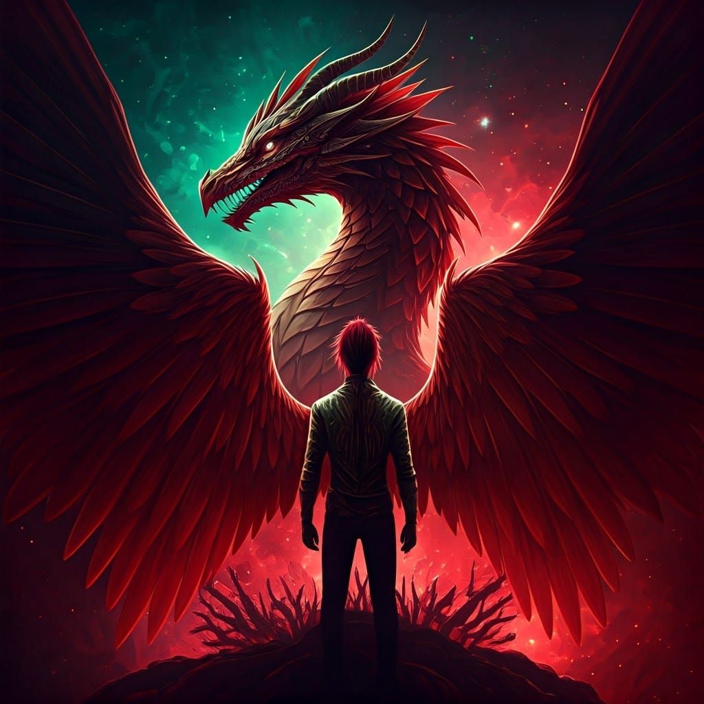 Maroon Dragon and Man in Cosmic Dreamscape