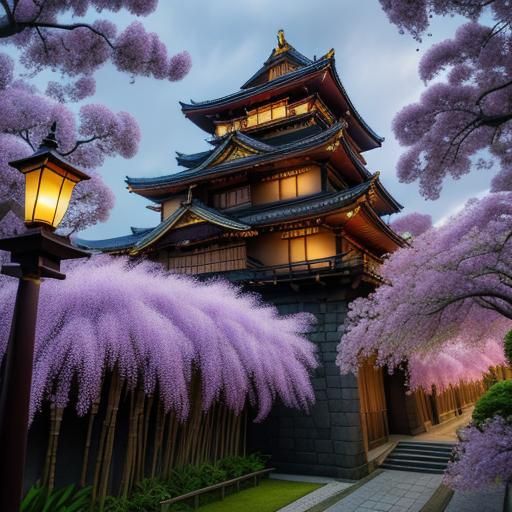 Osaka Castle Illuminated by Wisteria in HDR Photo