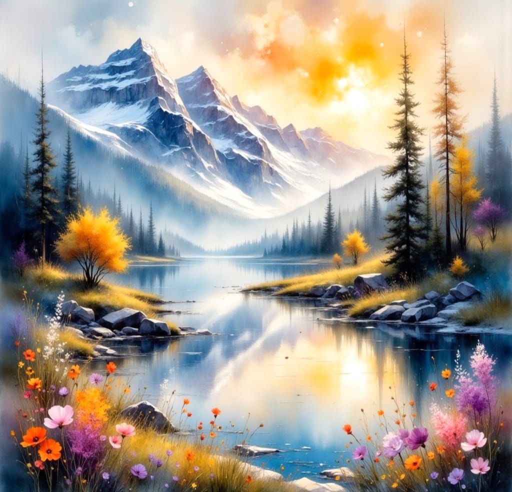 Impressionist Watercolour of High Mountain Lake