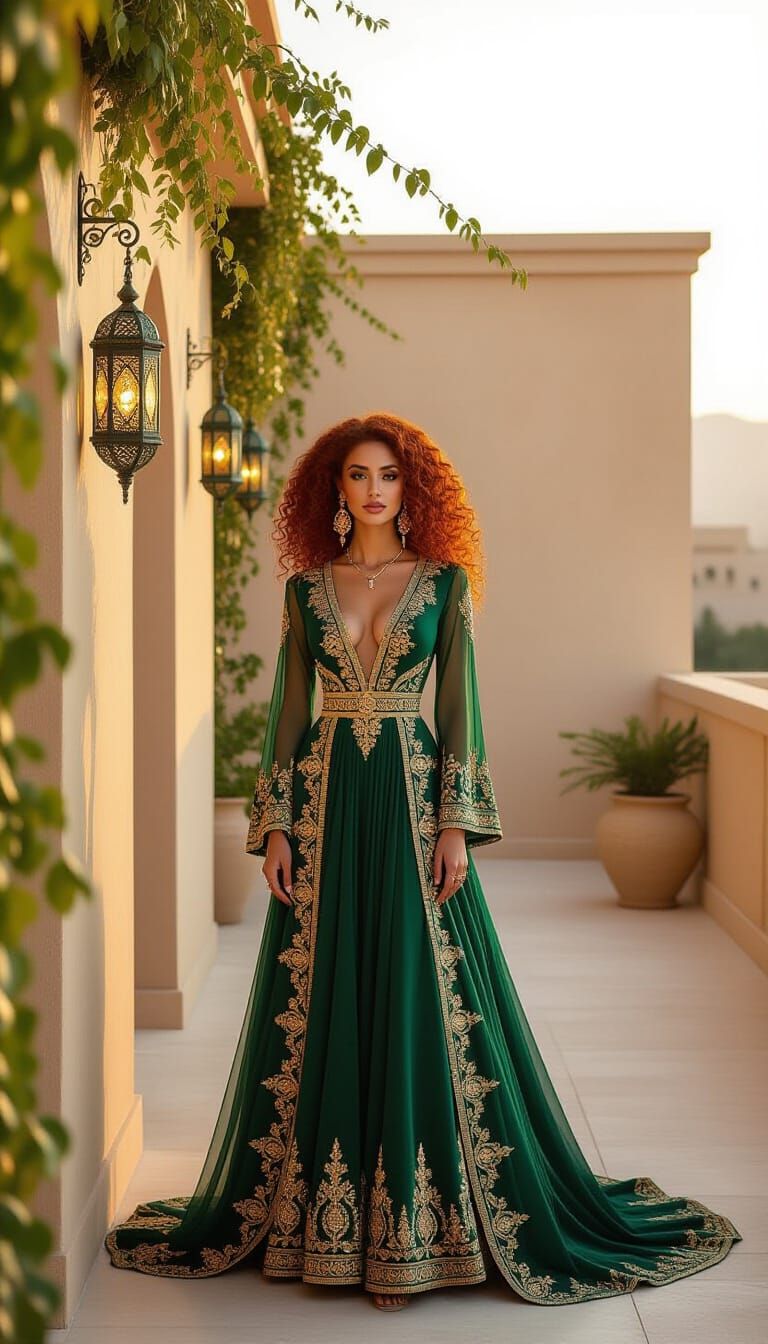 Arab Woman in Emerald Gown on Rooftop Terrace