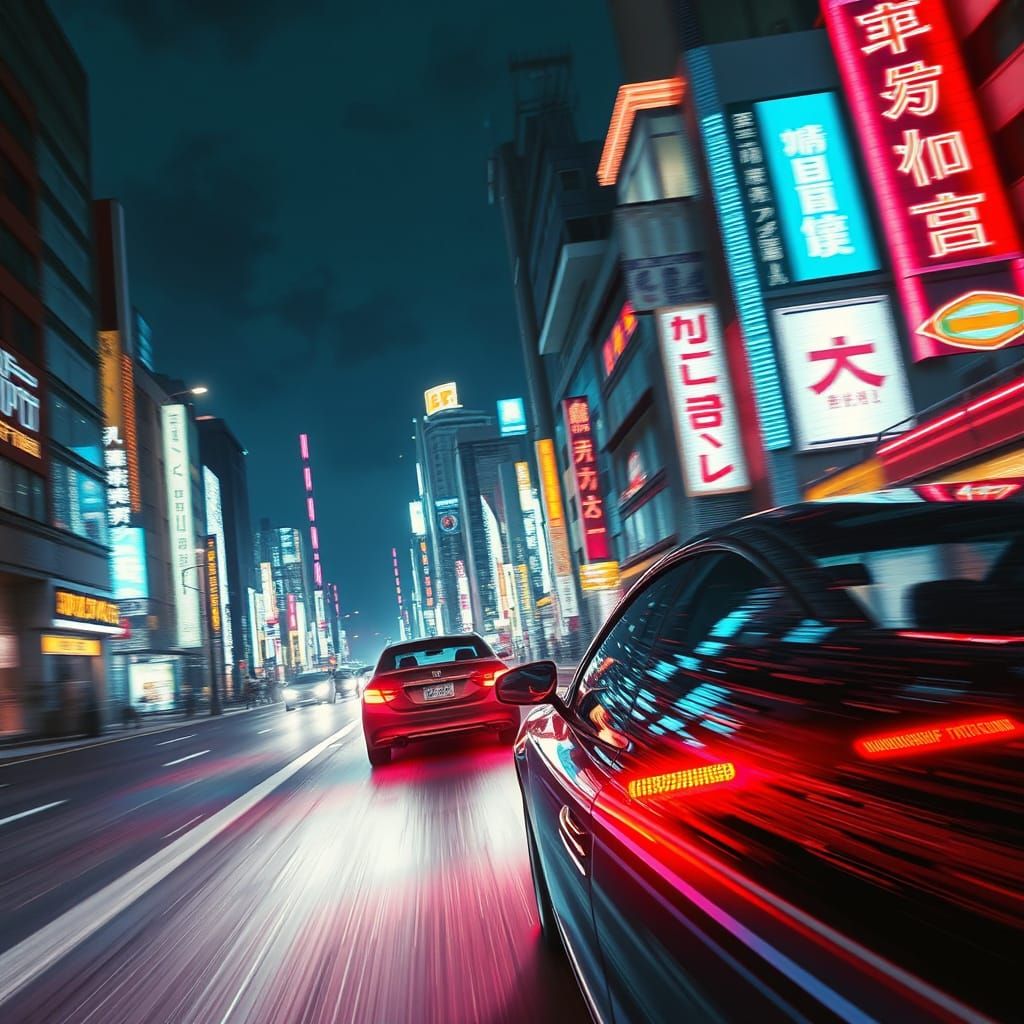 Neon Tokyo Speeding Car in Futuristic Style