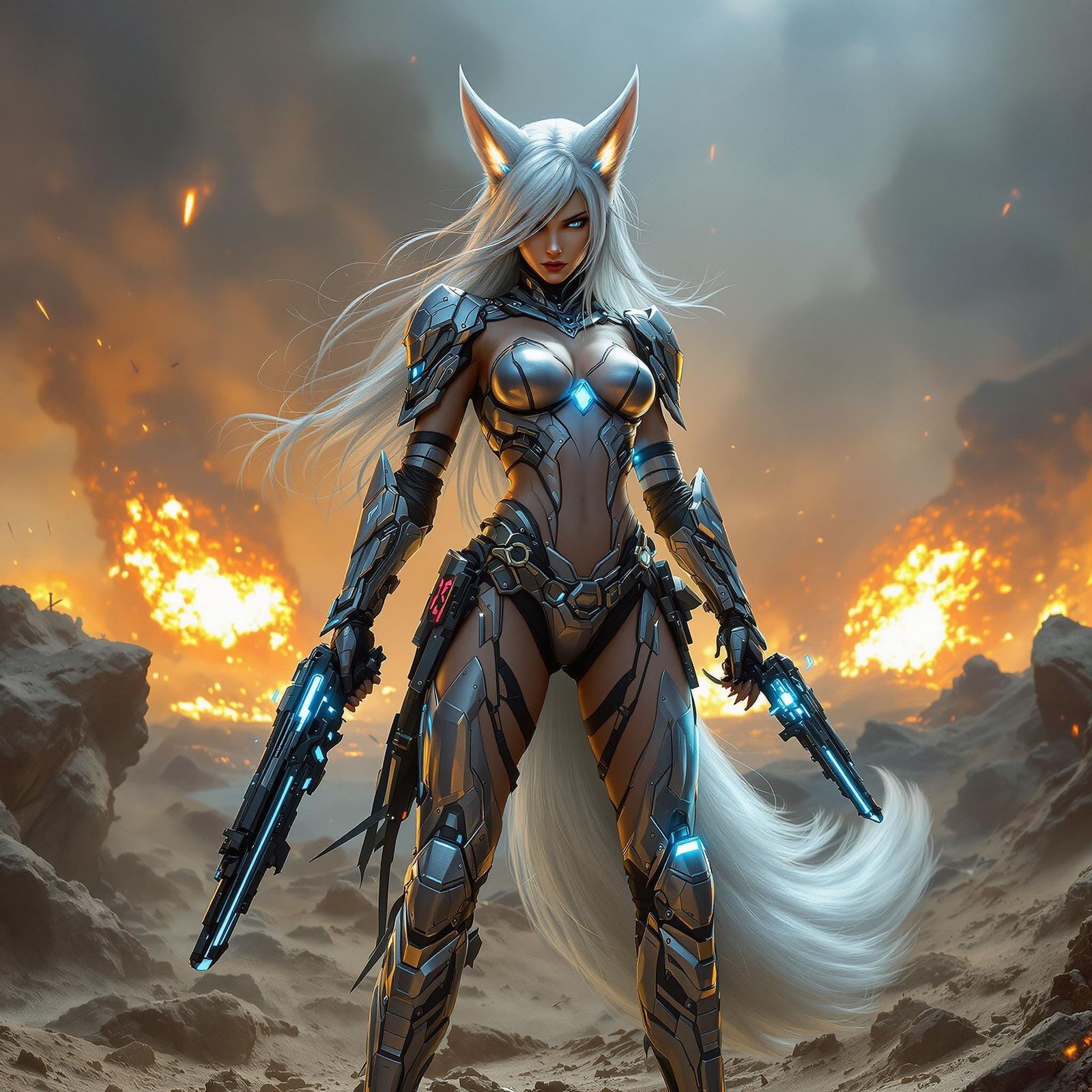 Cyberpunk Fox Woman on Alien Battlefield