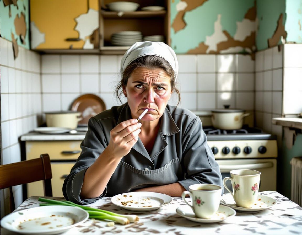 Bosnian Woman Eats Scallion in Neglected Kitchen