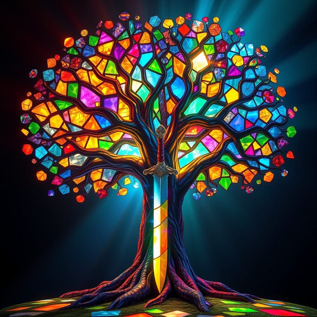 Stained Glass Tree Radiates Rainbow Lights with Sword