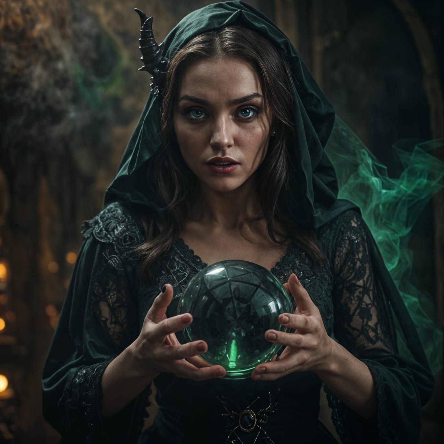 Enchantress Conjuring a Demonic World in Crystal Ball