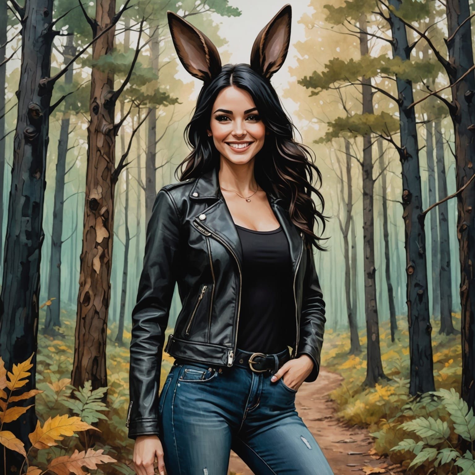 Woman with Bunny Ears in Forest, Alcohol Ink Style