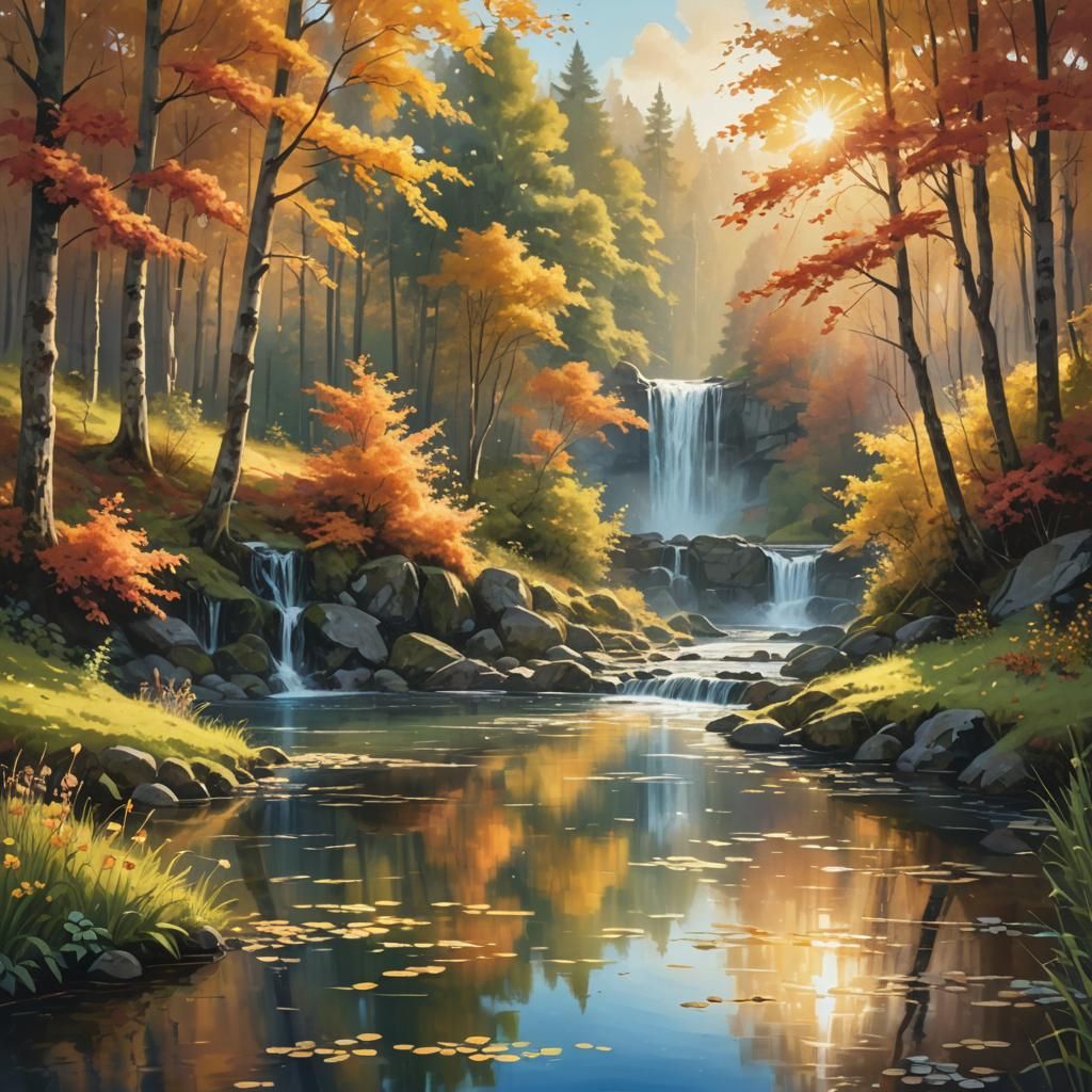 Autumn Forest River Flowing into Lake at Sunrise
