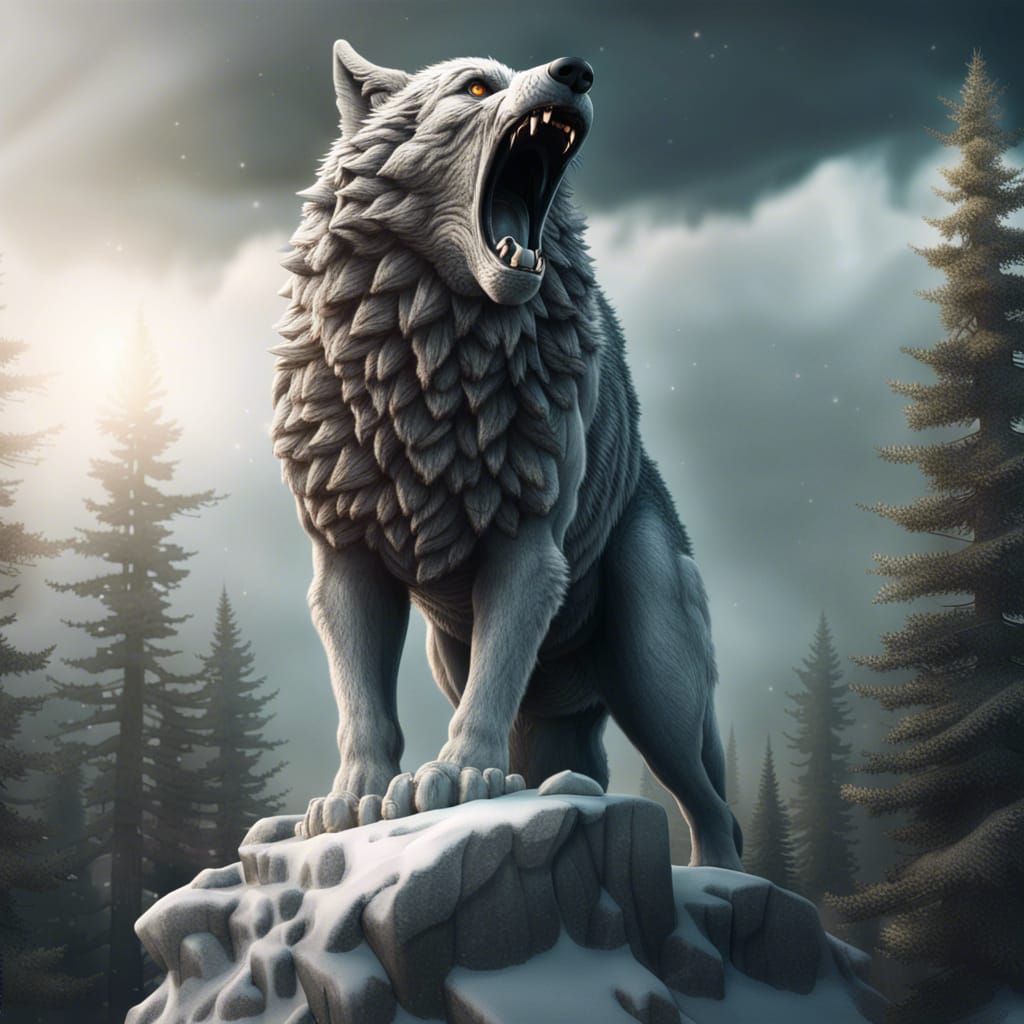 Giant Wolf Statue in Snowy Forest