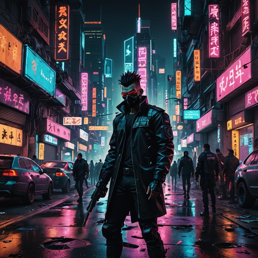 Cyberpunk City Street Scene with Armed Figure