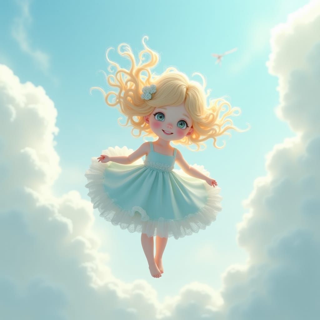 Anime Girl Falling Through Dreamlike Cloudy Sky