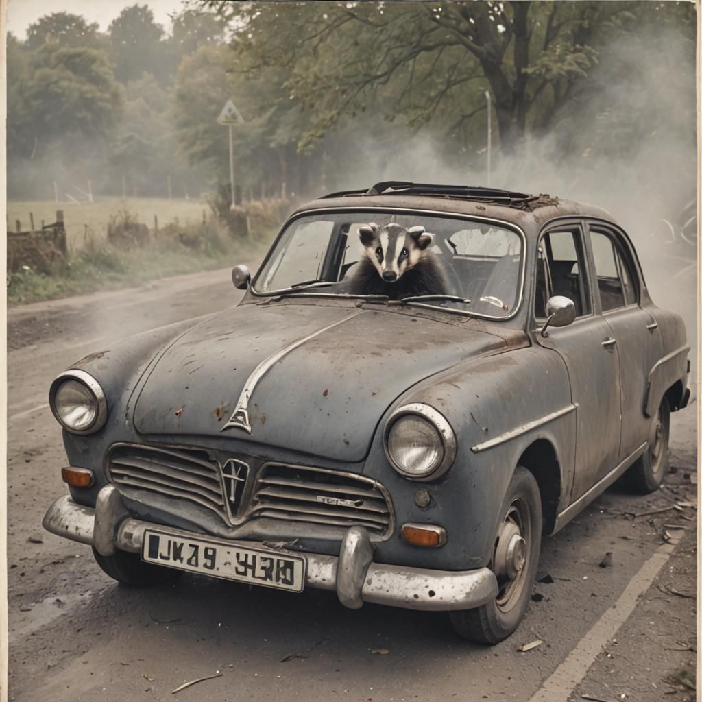 Badger Driving a Smoky Peugeot 403
