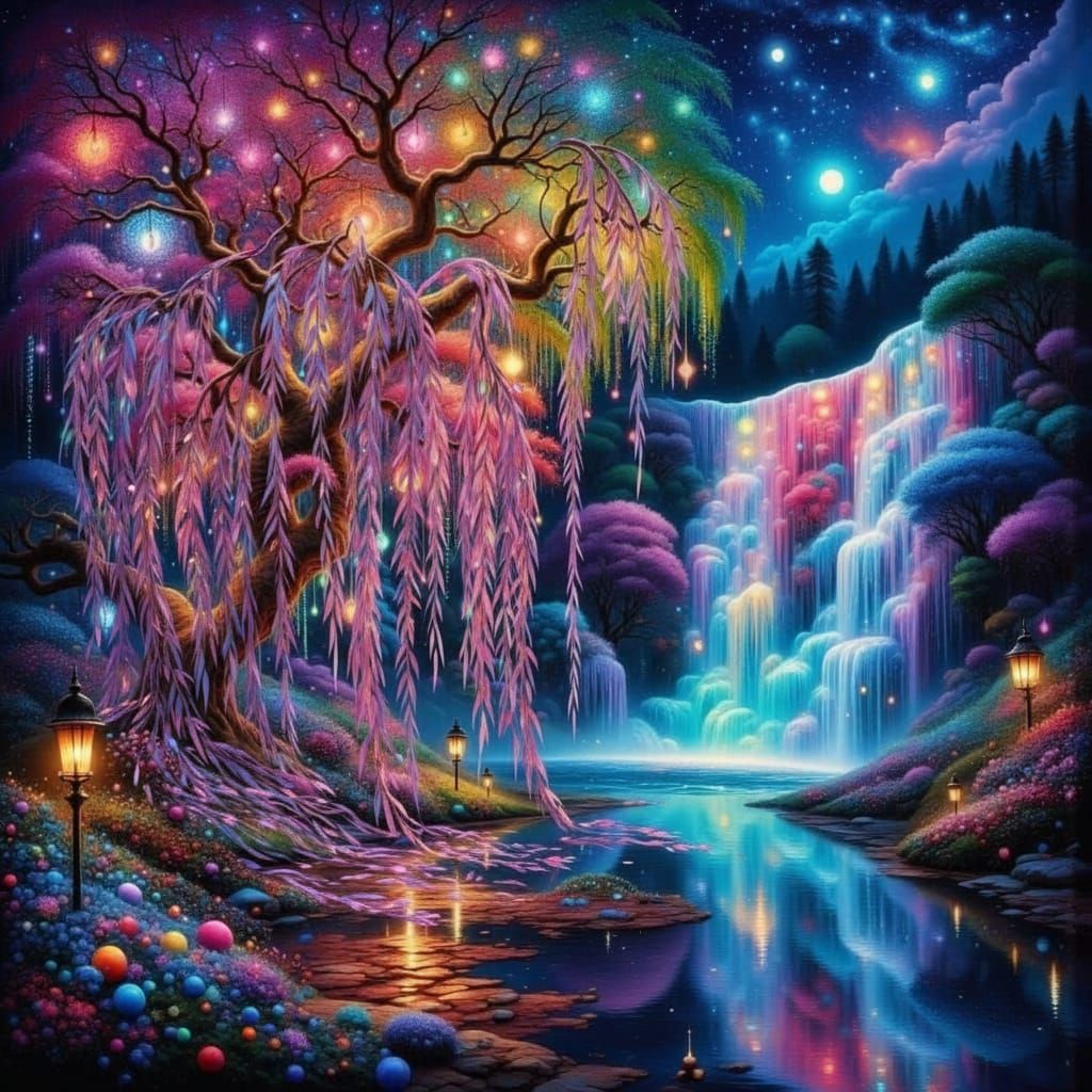 Christmas Lights Weeping Willow by Waterfall