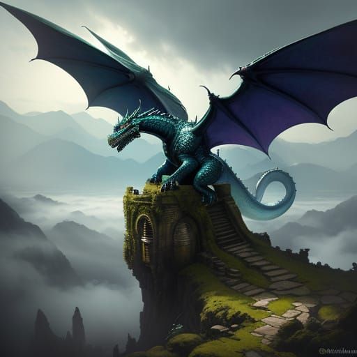 Majestic Dragon on Ruined Castle in Misty Valley