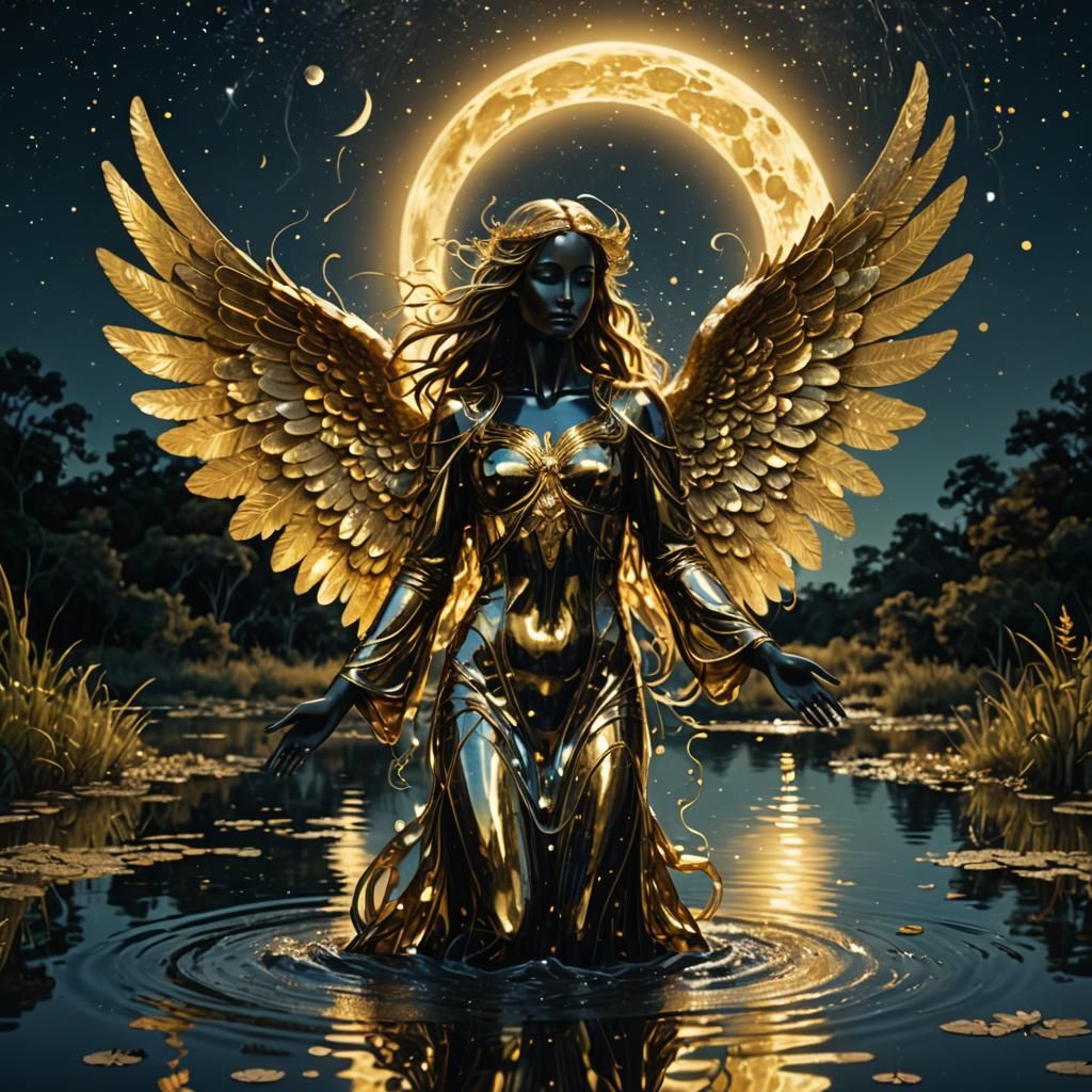 Golden Angel Emerges from Shimmering Pond