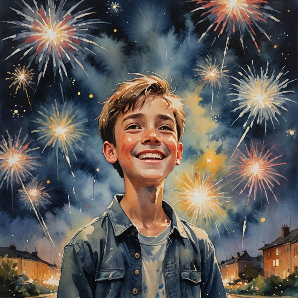 Impressionist Boy in Moonlight with Fireworks