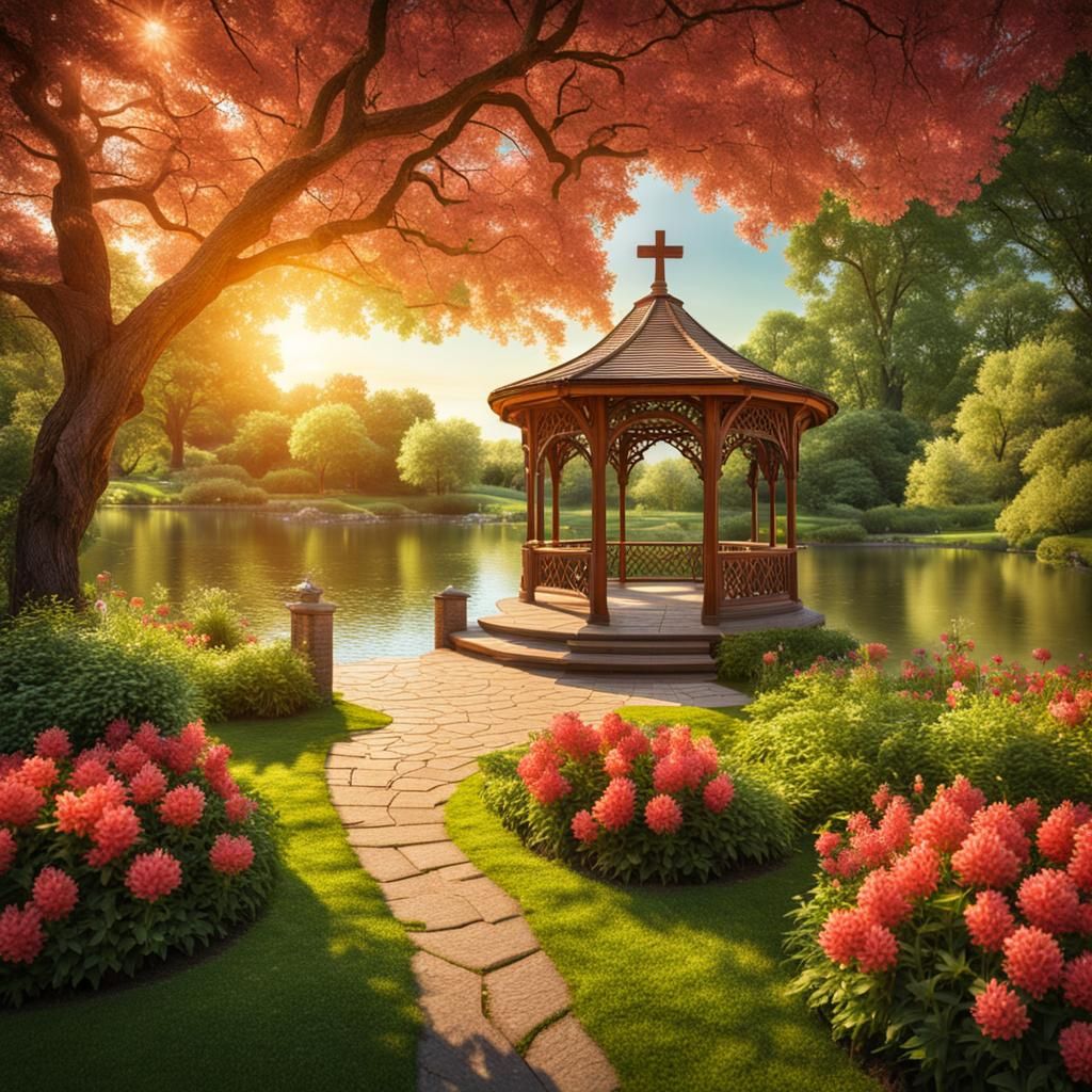 Garden Gazebo and Bench by River in HDR