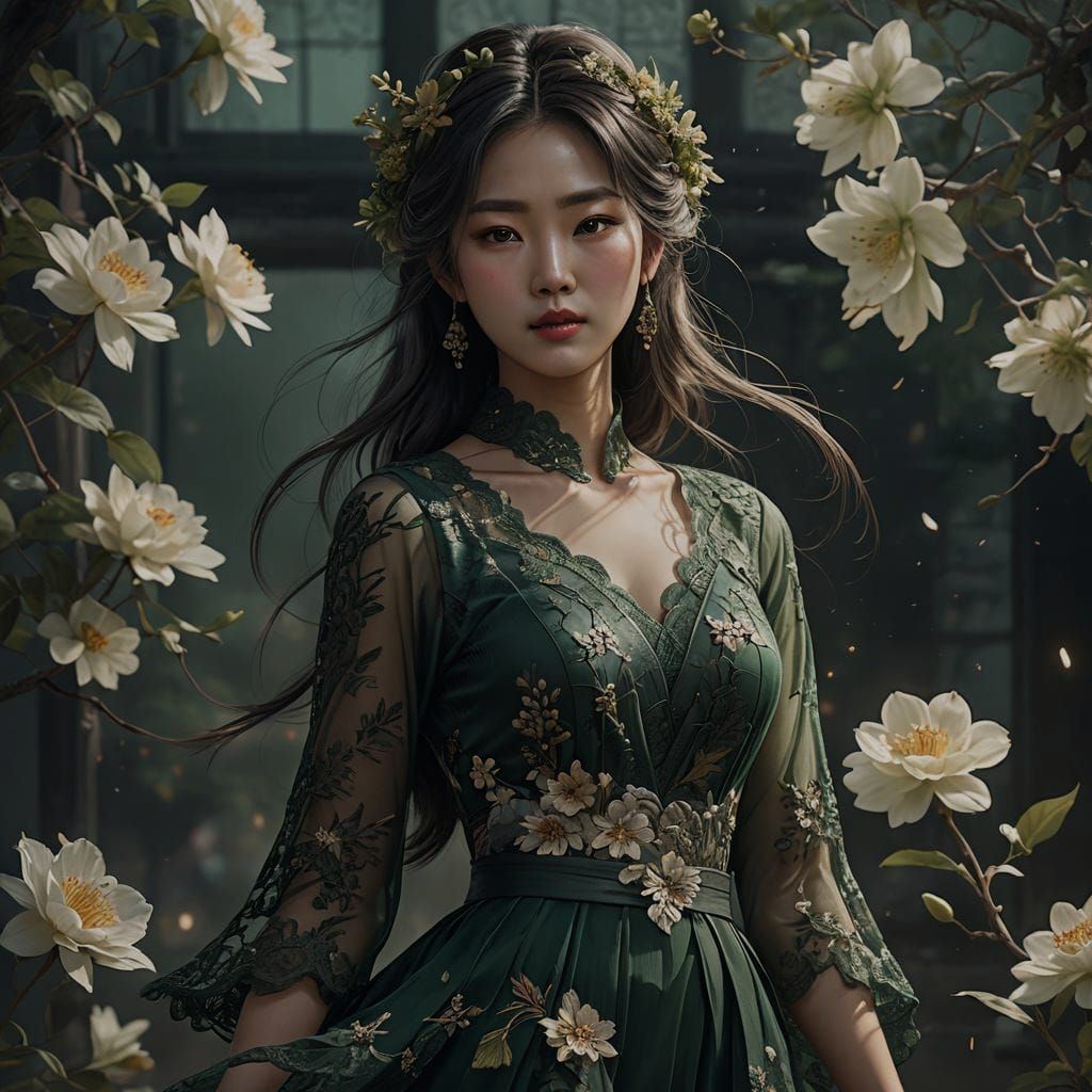 Korean Woman in Green Lace Dress, Art Nouveau Style