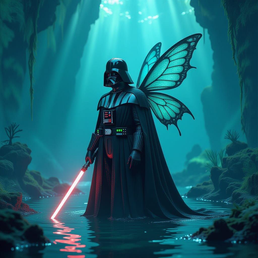 Darth Vader with Fairy Wings in Bioluminescent Landscape
