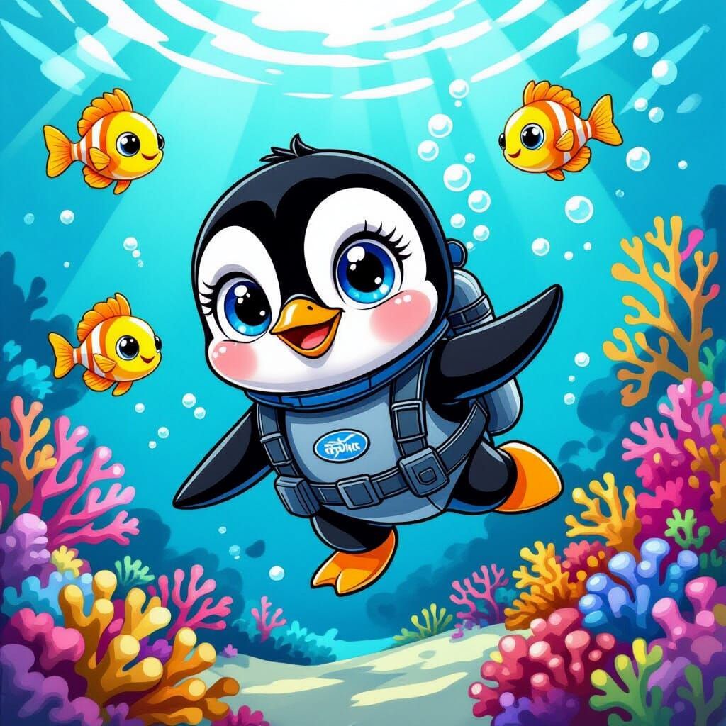 Baby Penguin's Scuba Adventure in Vibrant Coral Reef