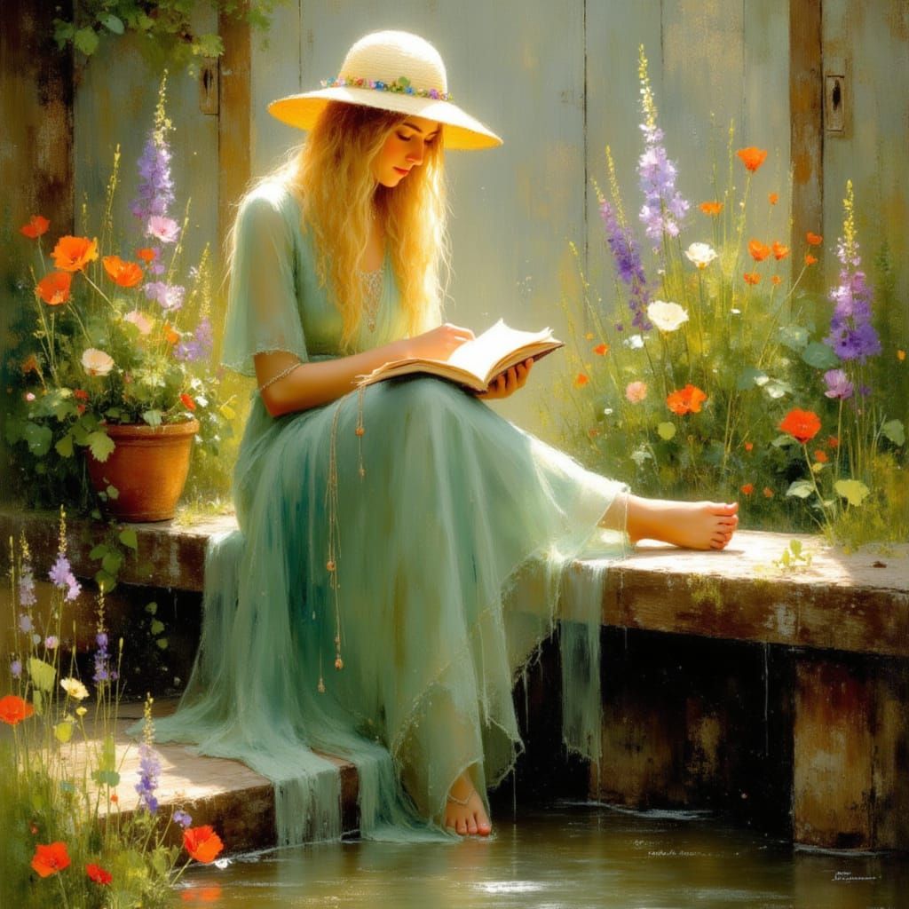 Woman Reading in a Rose Garden: Art Nouveau Style