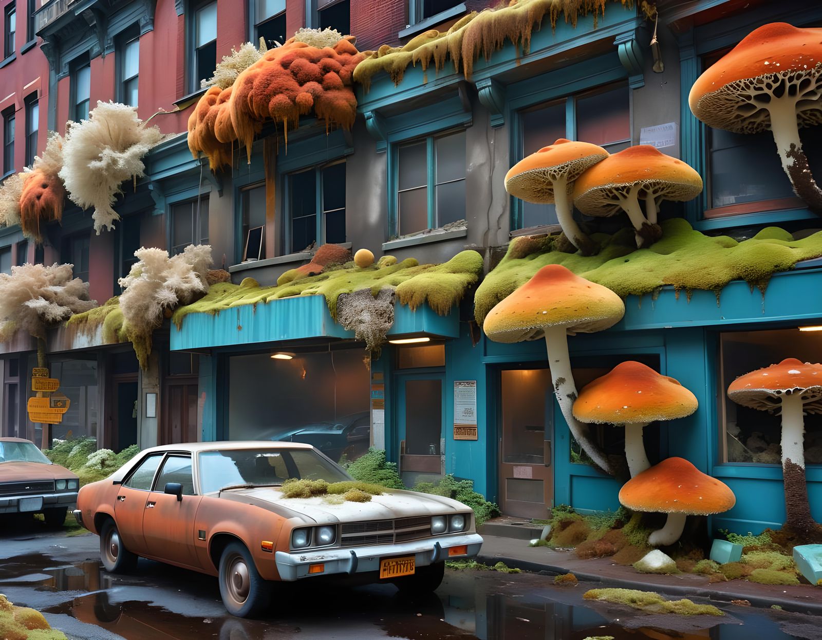 Apocalyptic City Overrun by Multicolored Fungus