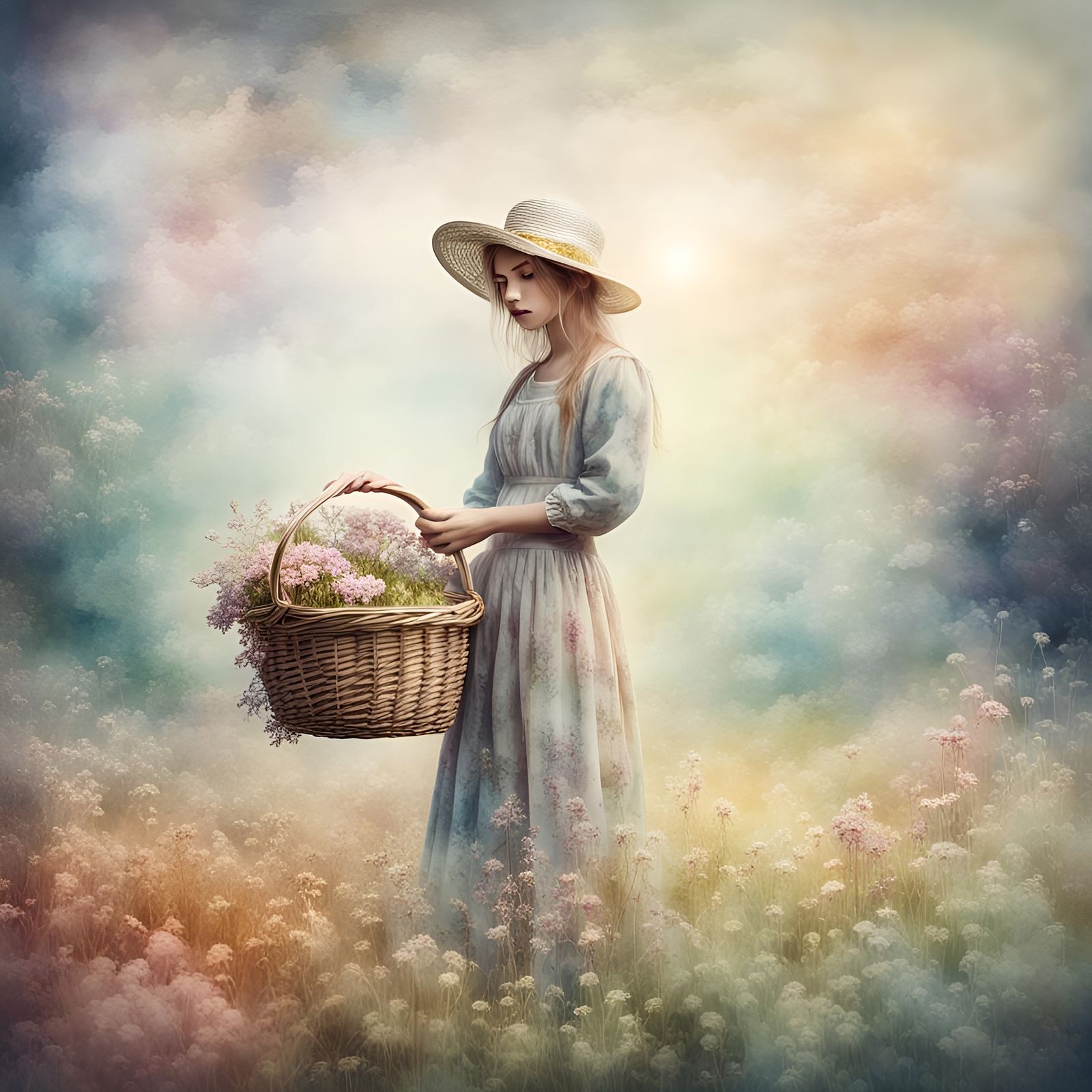 A girl holding a basket in her hand standing in an open flowery meadow.