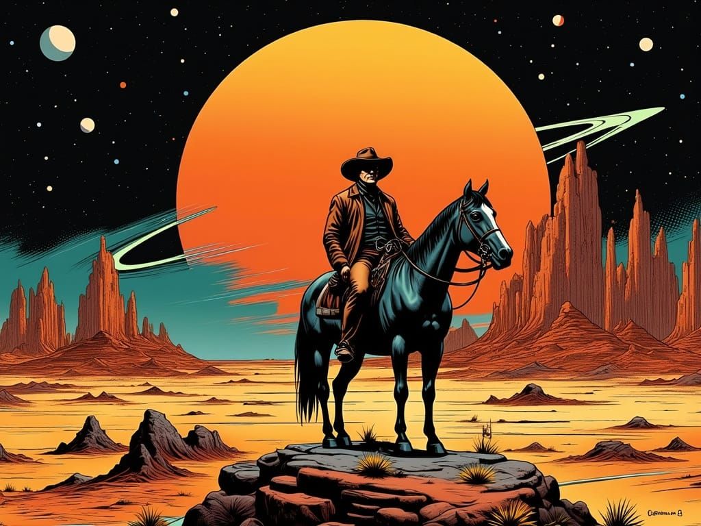 Cowboy on Alien Planet in Vintage Sci-Fi Comic Style