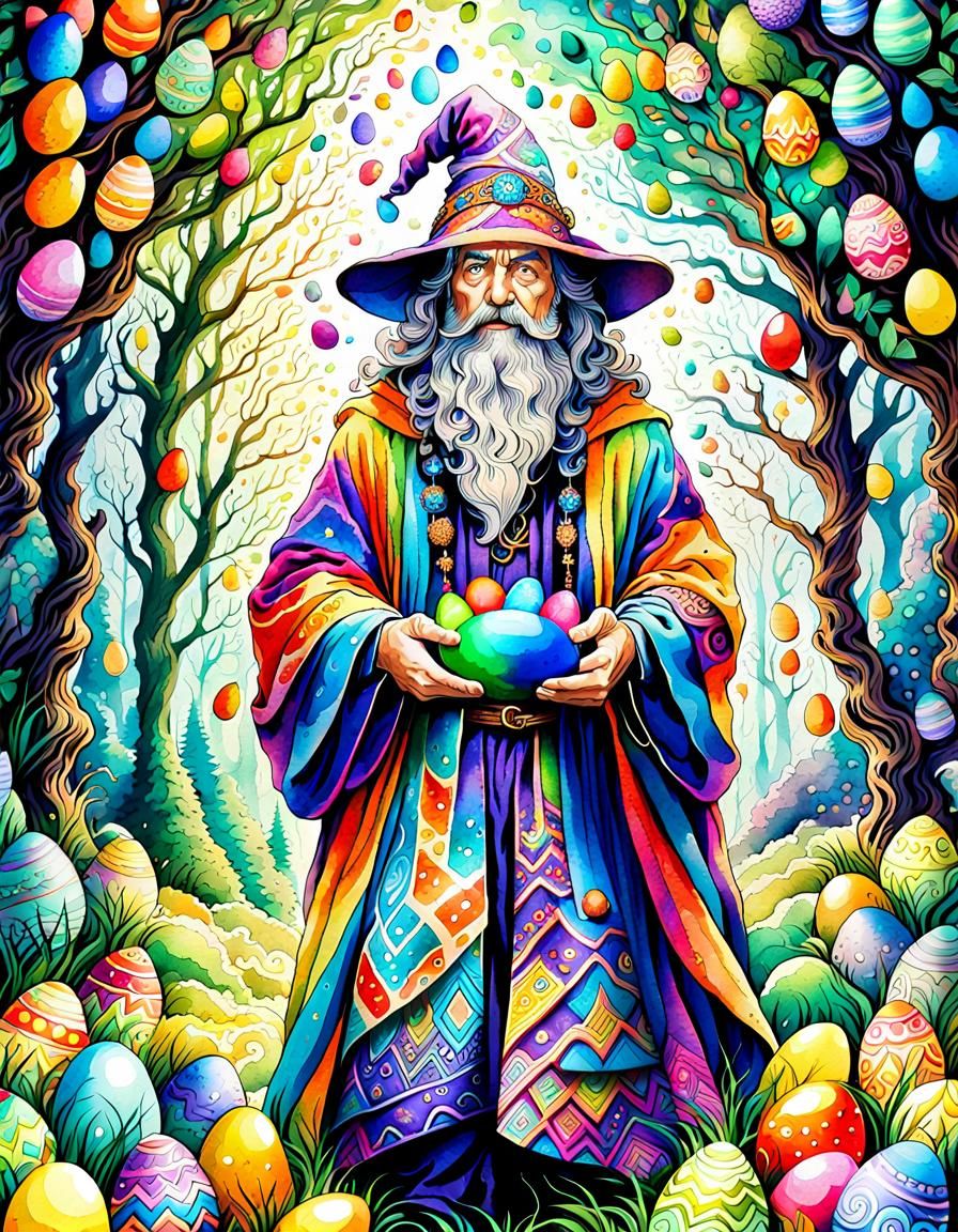 Mystical Wizard with Easter Eggs in Watercolor Art
