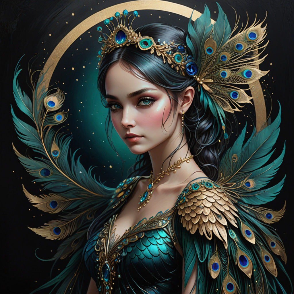 Ethereal Fairy with Peacock Wings Amid Dark Cosmic Backgroun...