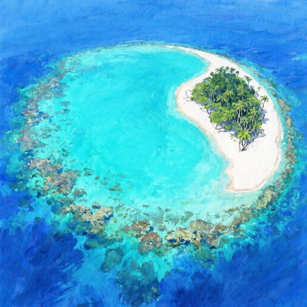 Tropical Atoll Aerial View in Watercolor Style