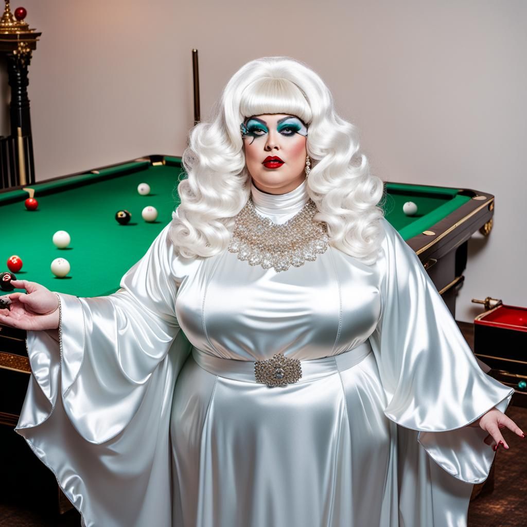 Extravagant Drag Queen in Satin Caftan Plays Snooker