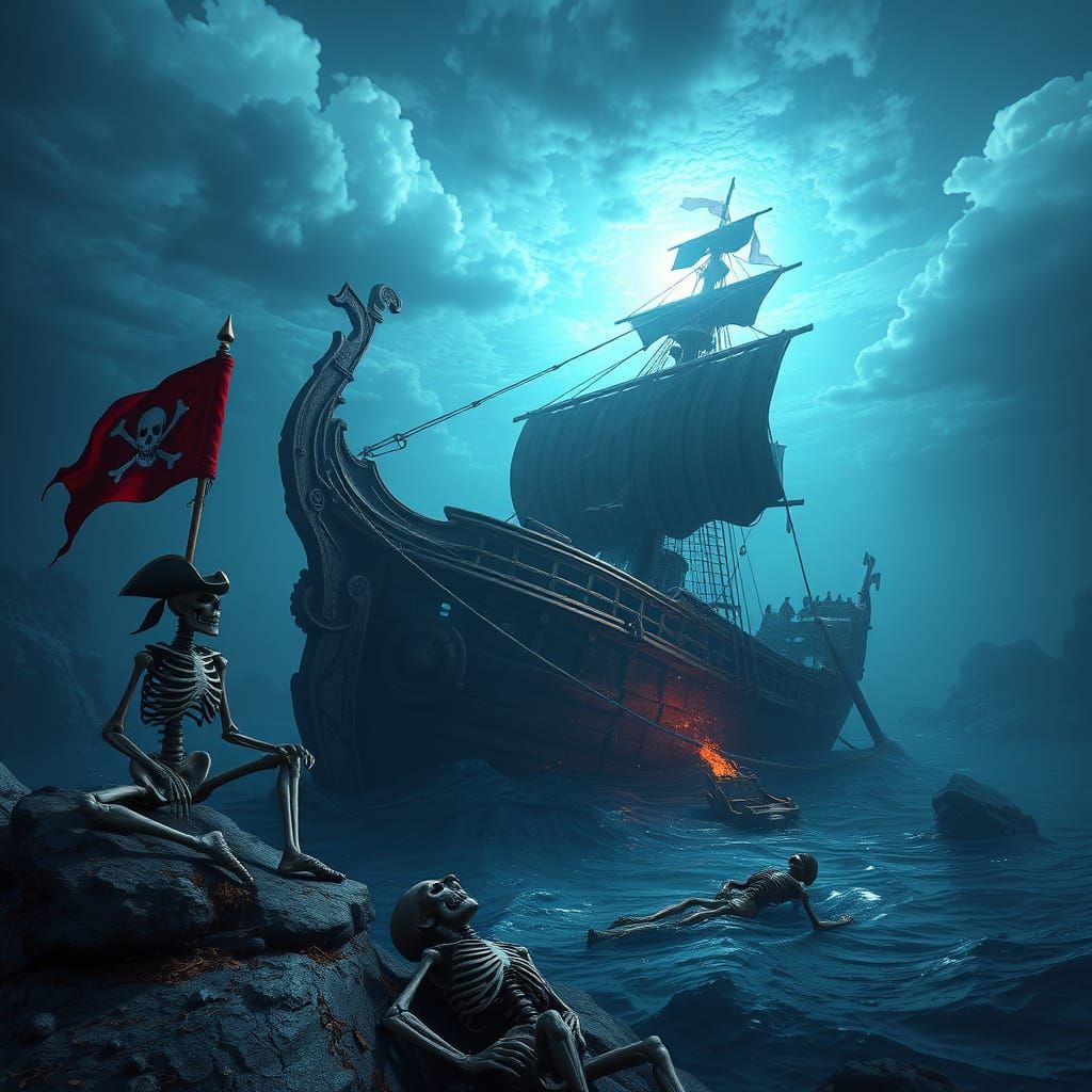 Pirate Skeletons Guard Shipwreck: Detailed Matte Painting