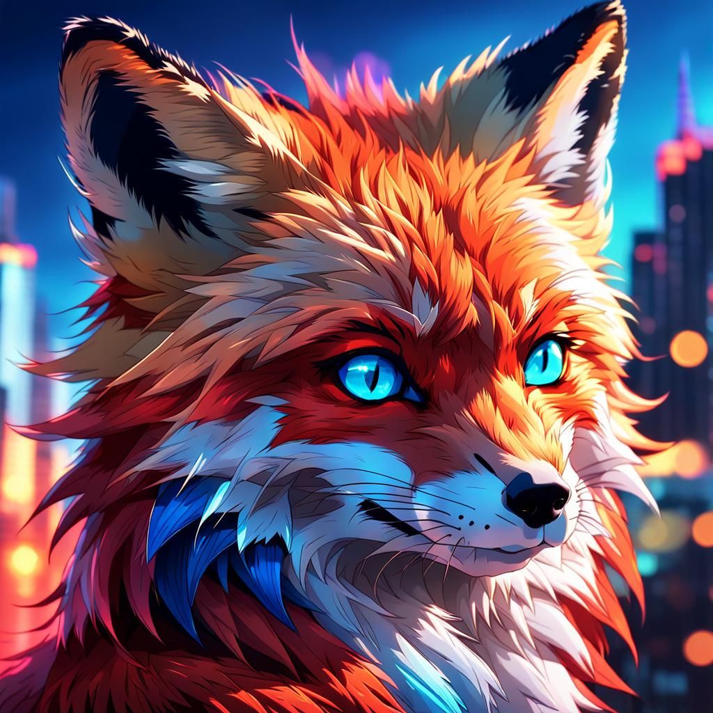 Anime Fox Portrait with Blue and Red Fur