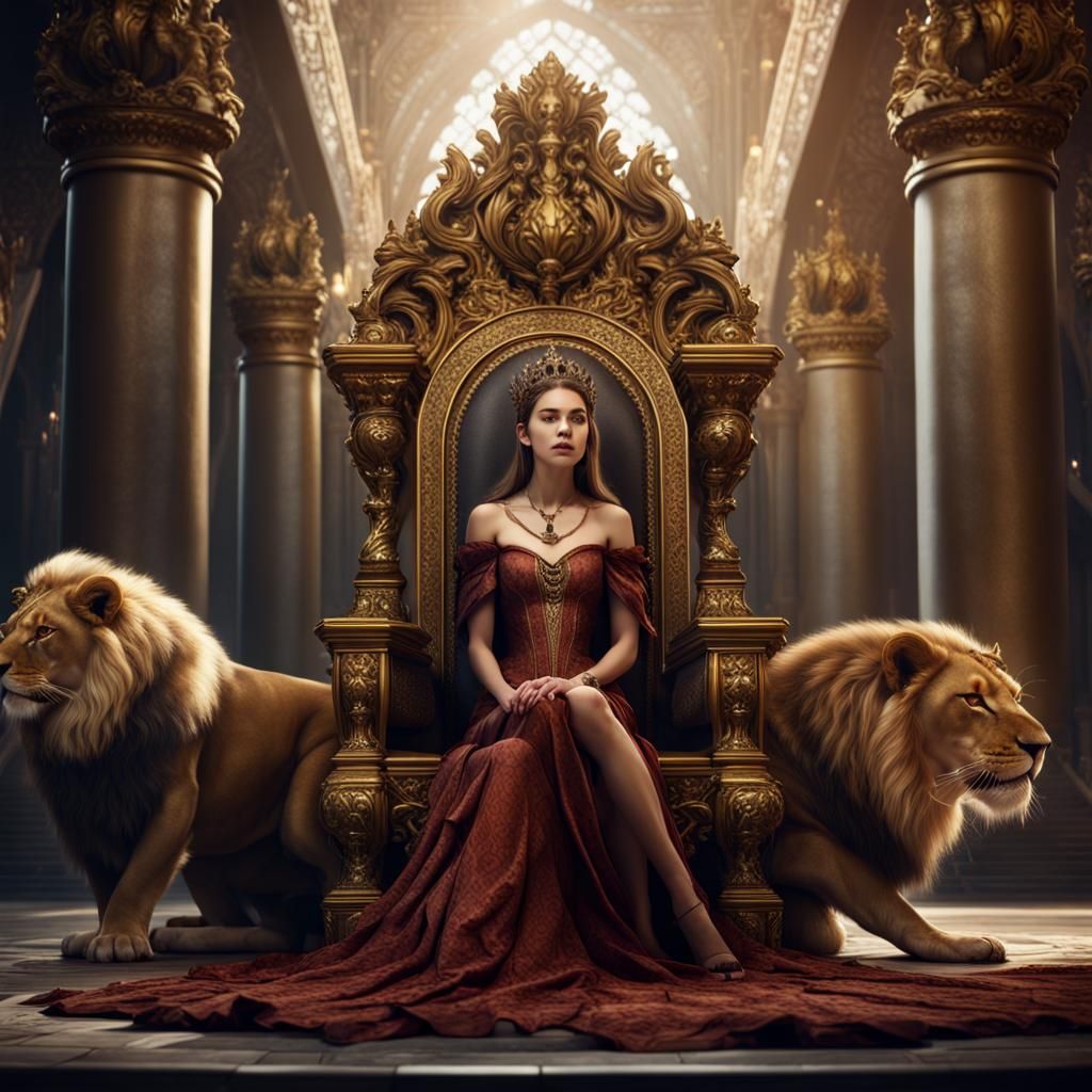 Queen on Throne with Lion: Fantasy Concept Art