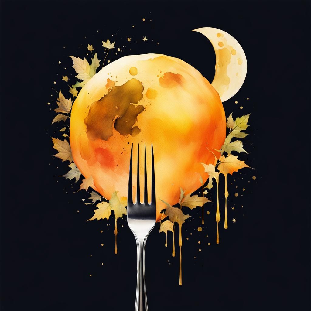 Surreal Double Exposure: Fork, Pumpkin, and Moon