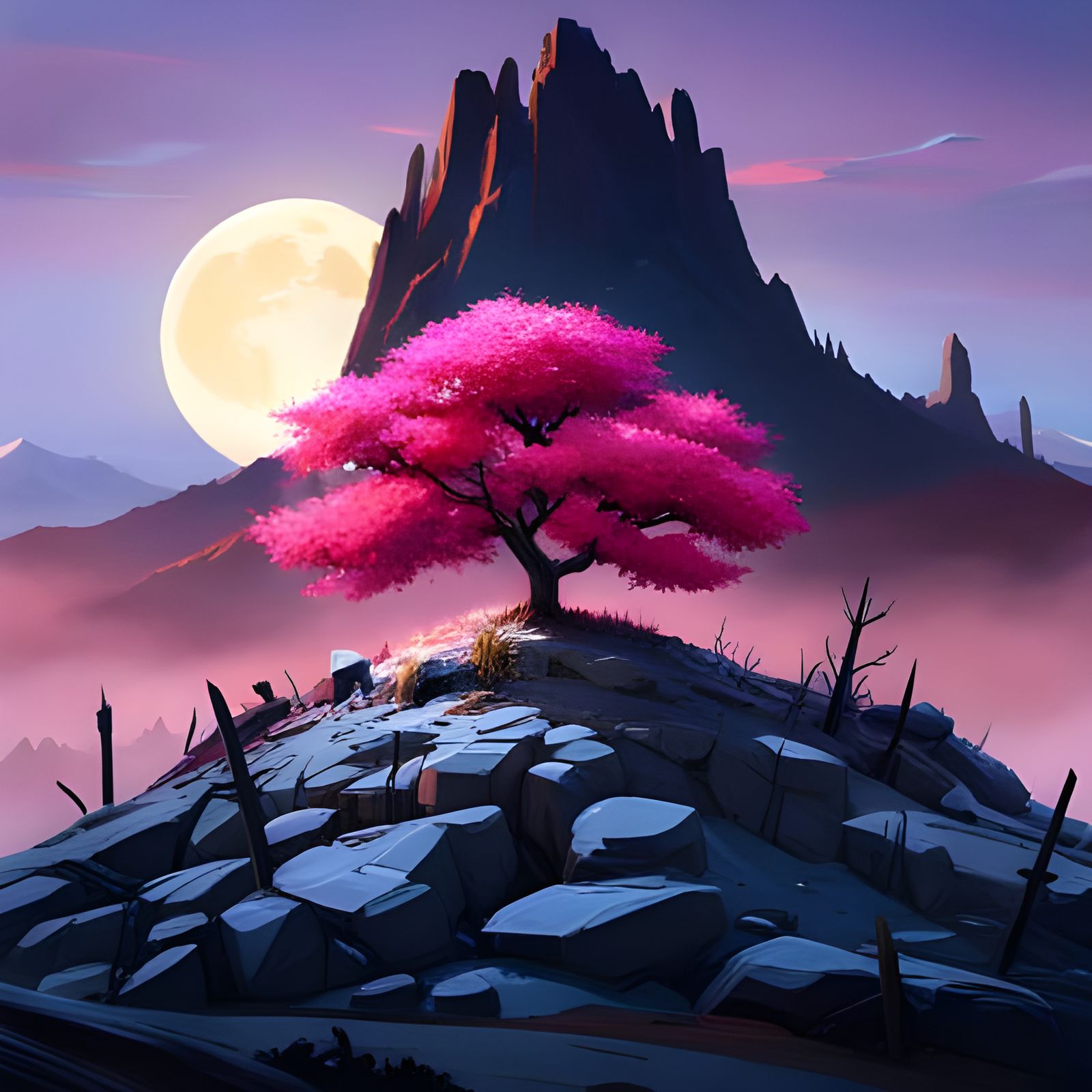 Pink Tree Under Moon in Anime Landscape