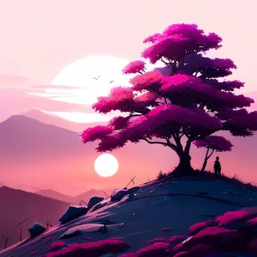 Pink Tree Landscape with Rising Moon in Anime Style