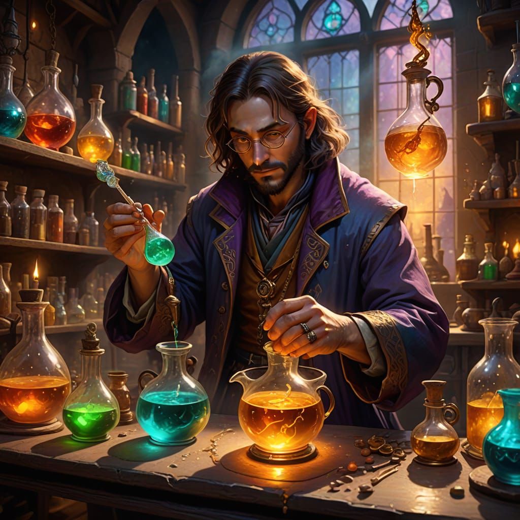 Mystical Alchemist Mixing Potions in Fantasy Lab