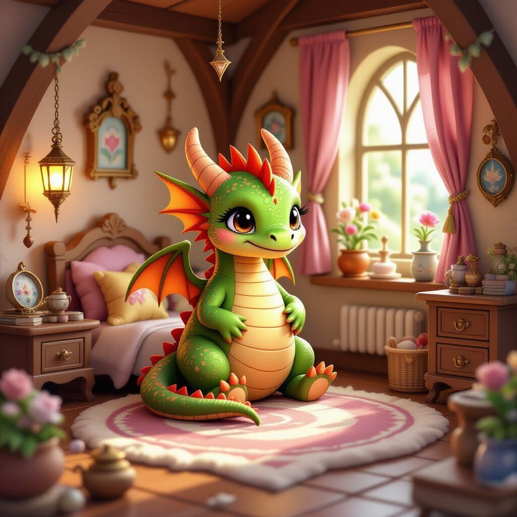 Cute Dragon in Cozy Isometric Fantasy Room
