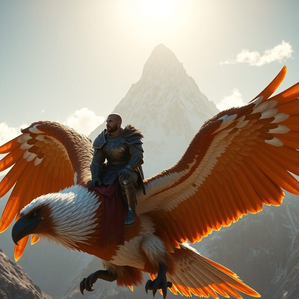 Medieval Warrior Rides Gorean Giant Bird Amidst Snowy Peaks