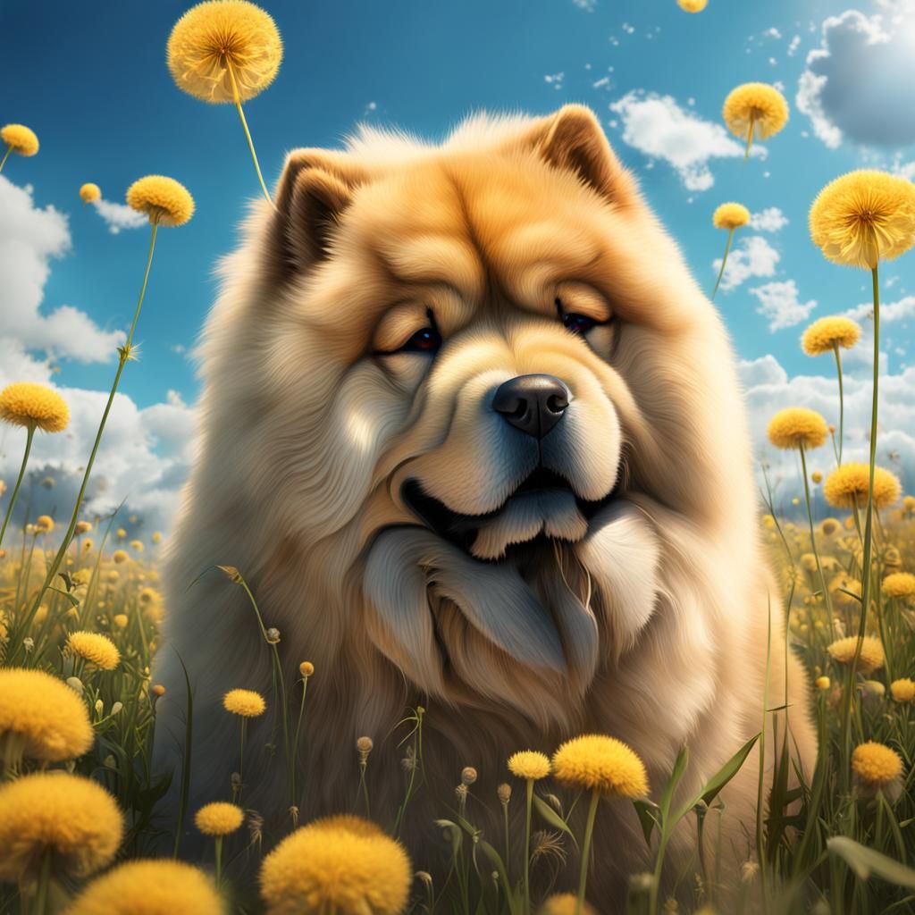 Chow Chow Dog in Dandelion Field: Fantasy Concept Art